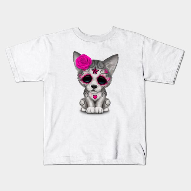 Pink Day of the Dead Sugar Skull Wolf Cub Kids T-Shirt by jeffbartels